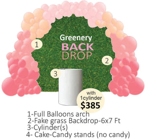 Grass Rectangular backdrop full balloons arch and cylinder(s)