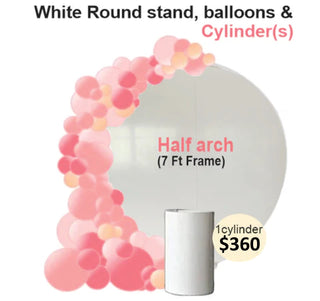 White Round backdrop half balloons arch & cylinders